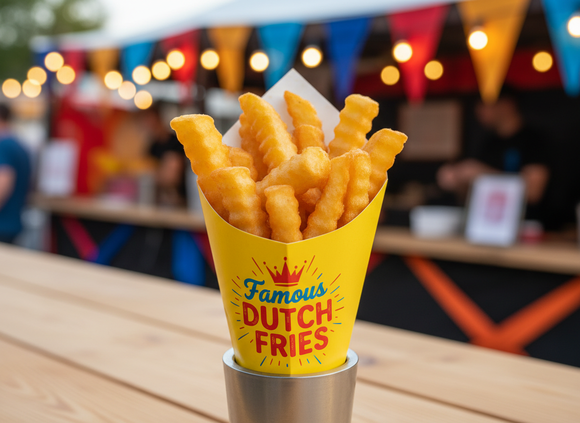 A tall paper cone overflowing with thick-cut, golden Dutch fries, each fry glistening with a crisp, bubbly texture, standing upright in a bright yellow cone branded with a playful “Famous Dutch Fries” logo. The cone rests in a simple stainless-steel holder on a clean wooden counter. In the background, a softly blurred festival stall with colorful banners and string lights creates a lively setting. Warm, diffused afternoon light highlights the fries’ crunchy ridges and casts gentle shadows. Photographic realism with a slightly elevated angle and shallow depth of field, vibrant and colorful, energetic yet inviting, perfectly suited for a fun street food brand homepage.